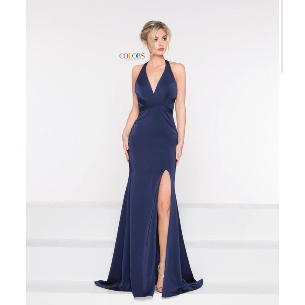 Colors V Neck Fitted Bodice High Slit Long Dress in style 1995 - Size 8